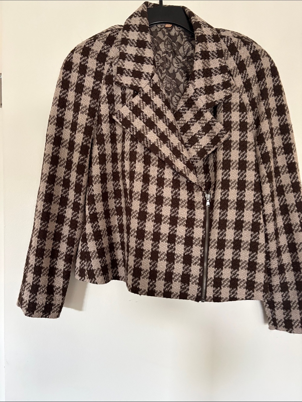 Ellen Tracy Brown and Tan Checked Zip-Front Blazer